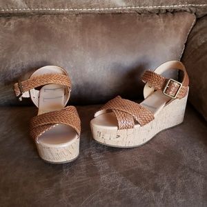 Elle Cork Platform Strap Wedge Heels Sz 6